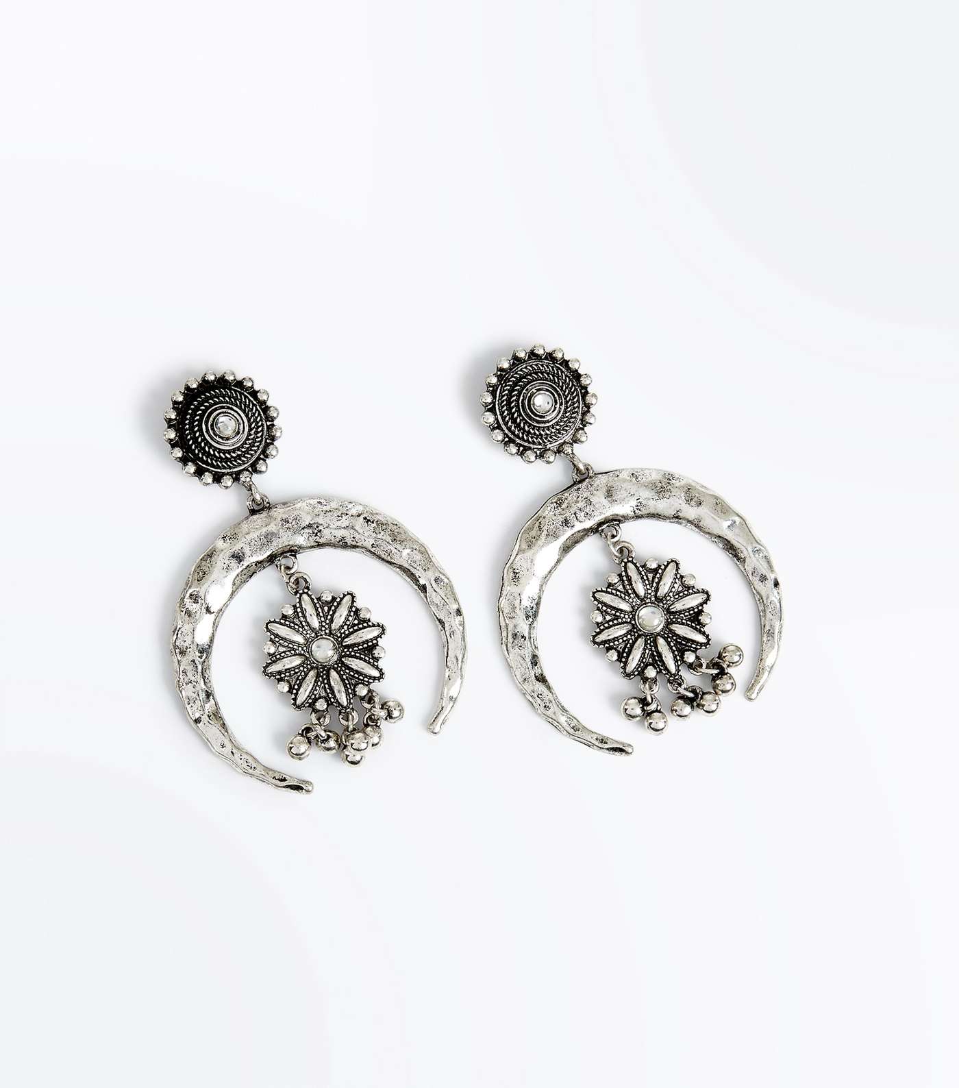 Silver Burnished Crescent Moon and Flower Earrings
