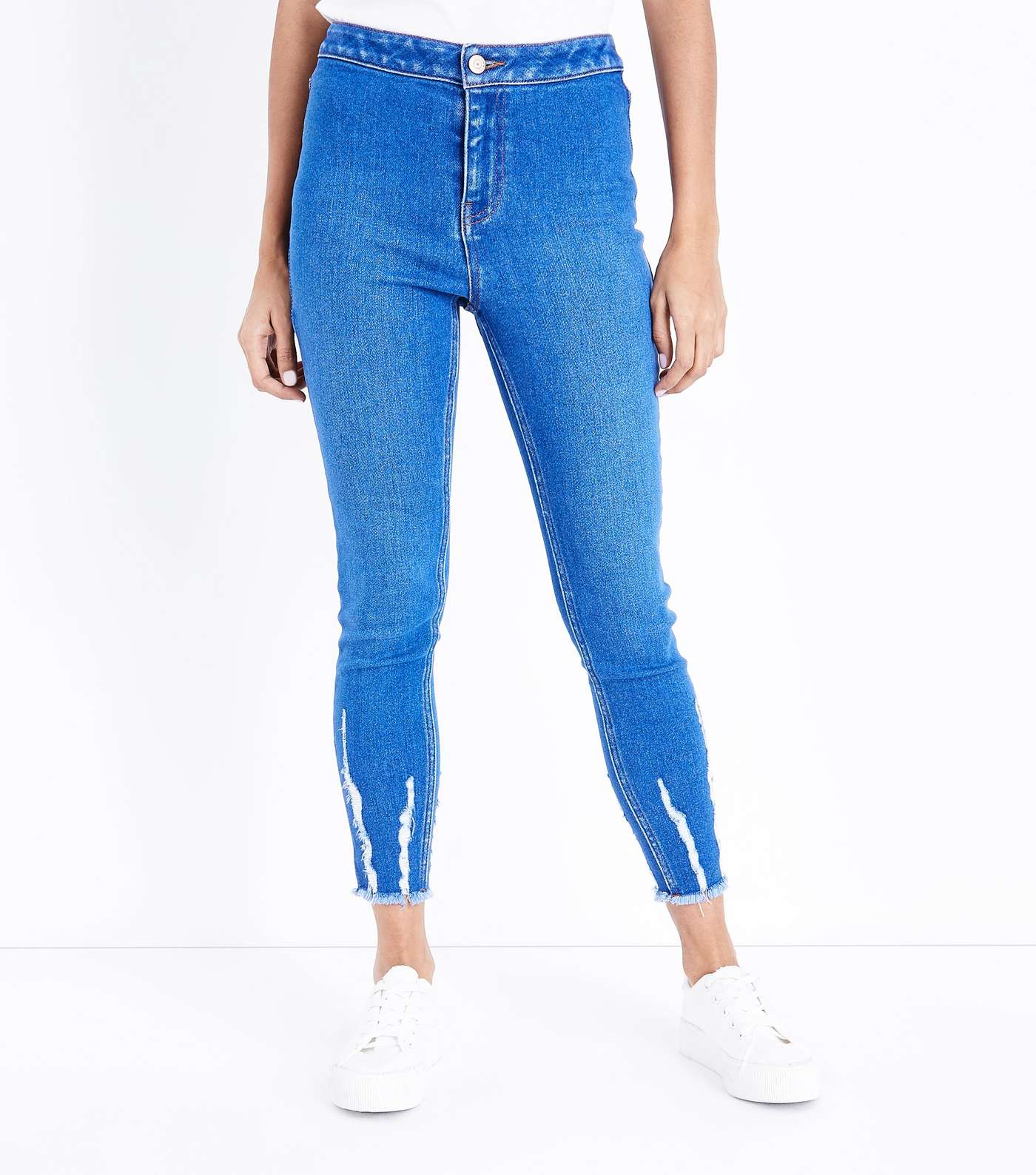 Petite Bright Blue Fray Hem High Waist Skinny Jeans Image 2