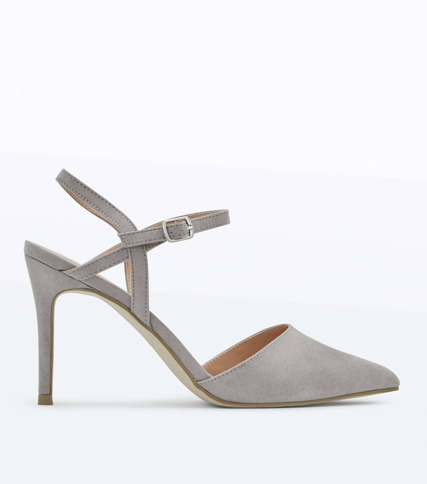 Grey  Suedette Ankle Strap Pointed Court Shoes