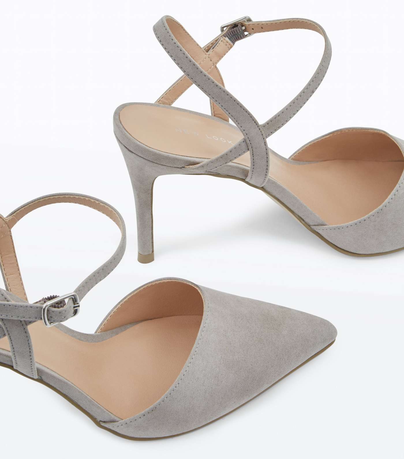 Grey  Suedette Ankle Strap Pointed Court Shoes Image 3