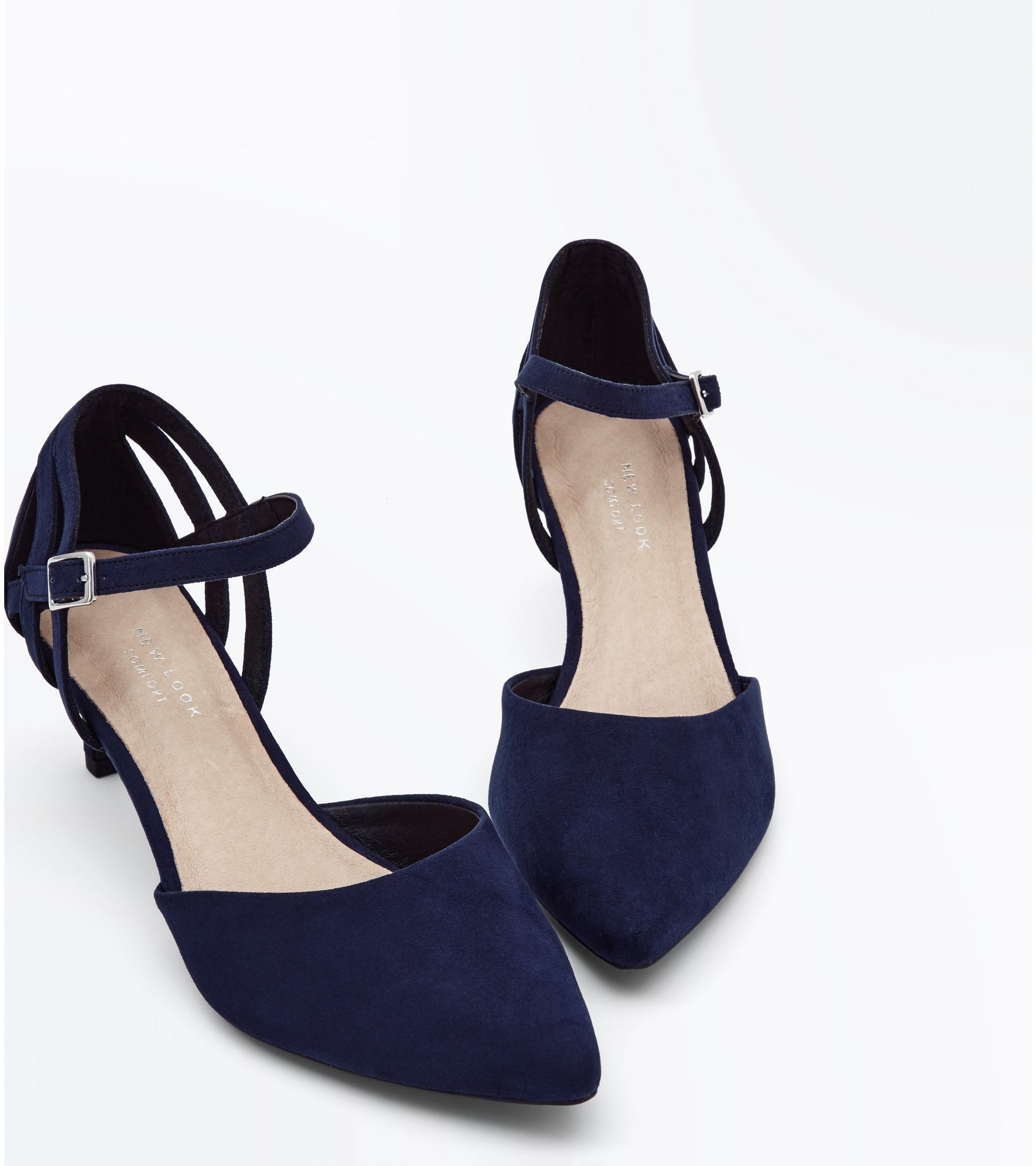 New Look Wide Fit Navy Comfort Flex Suedette Pointed Kitten Heels