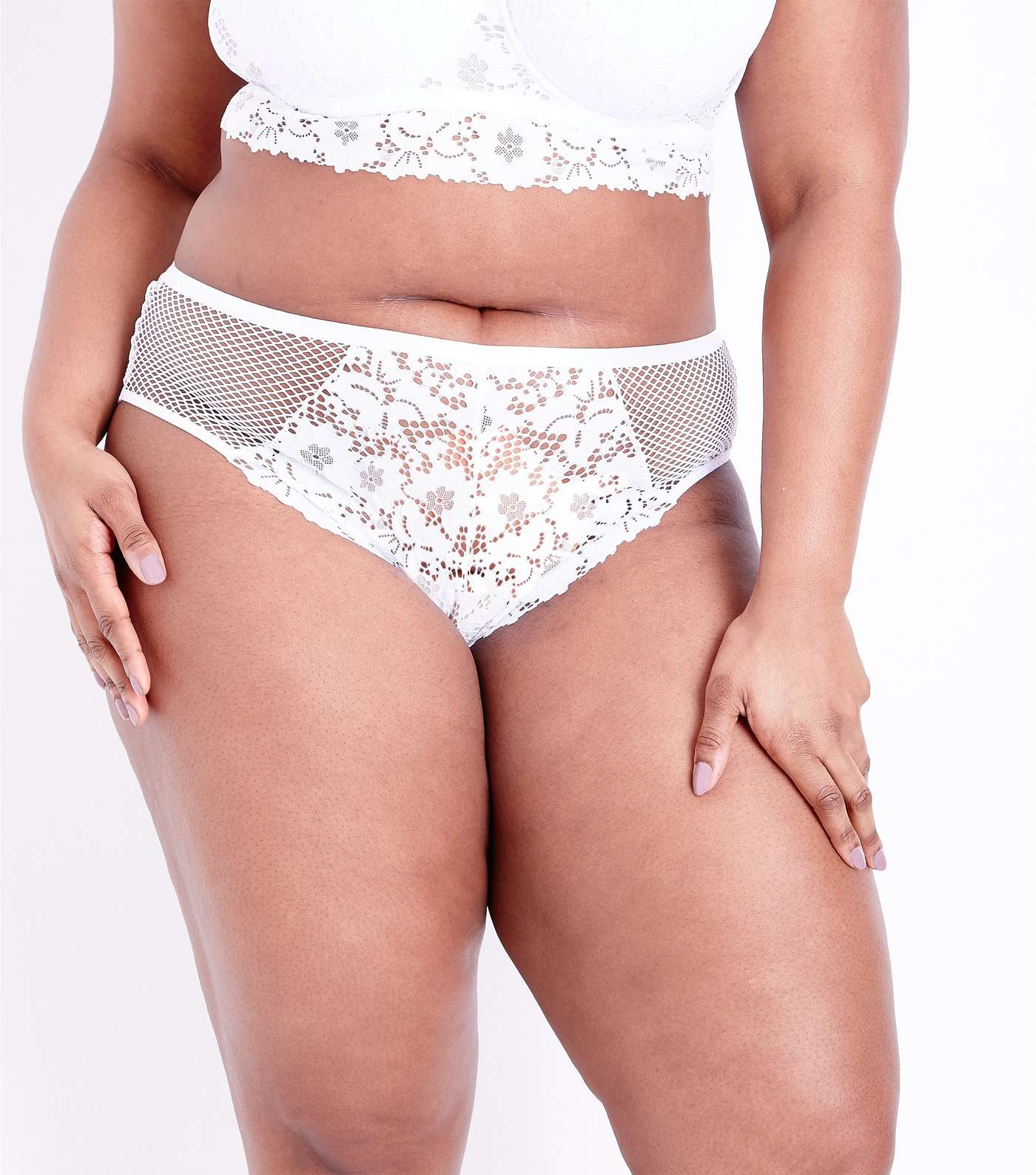 Curves White Lace and Fishnet Brazilian Briefs