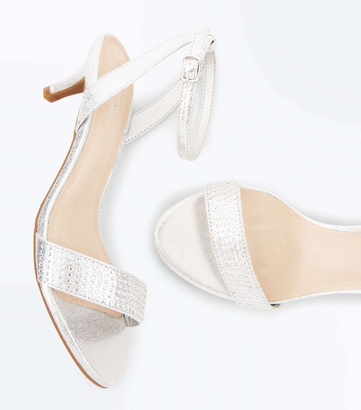 Wide Fit Silver Comfort Flex Diamanté Strap Kitten Heels Image 4