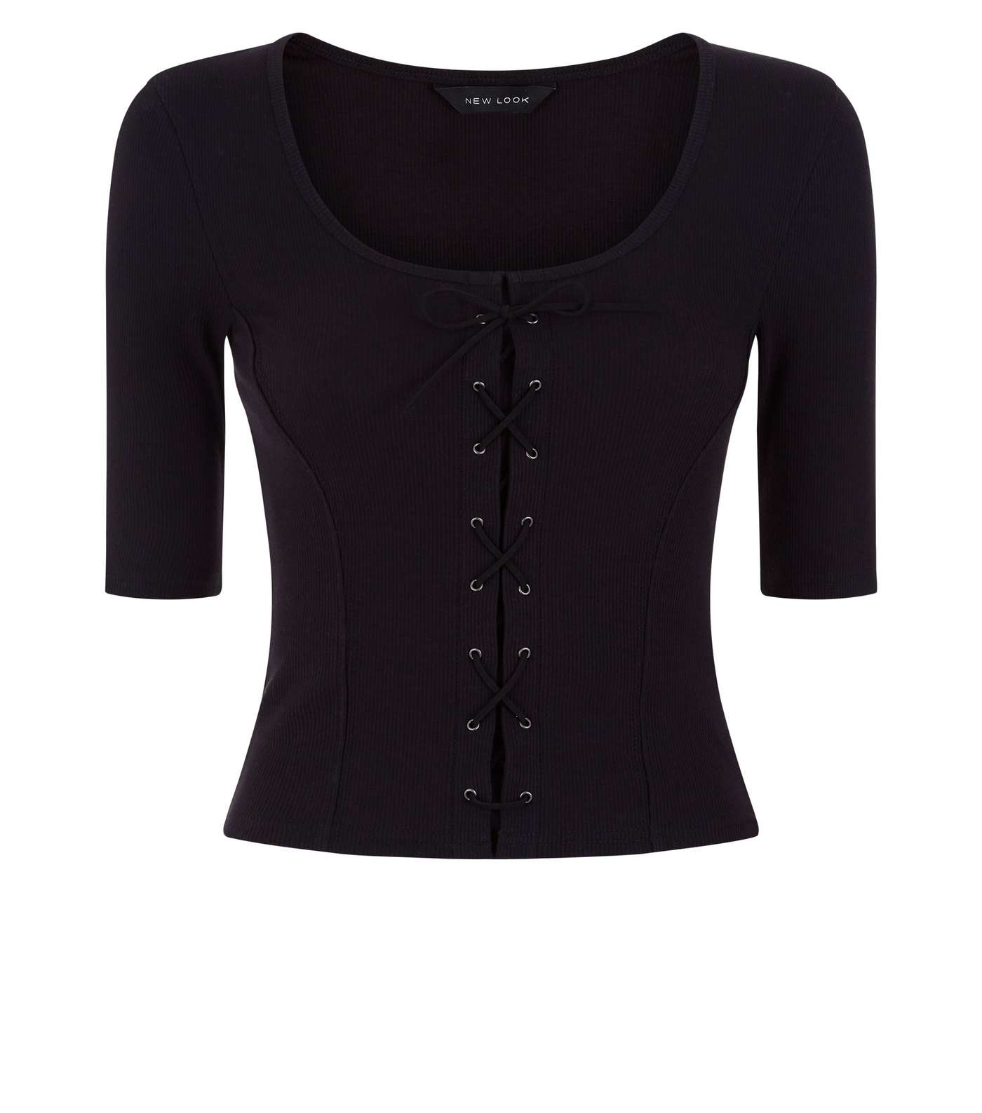 Black Ribbed Lace-Up 1/2 Sleeve Top Image 4