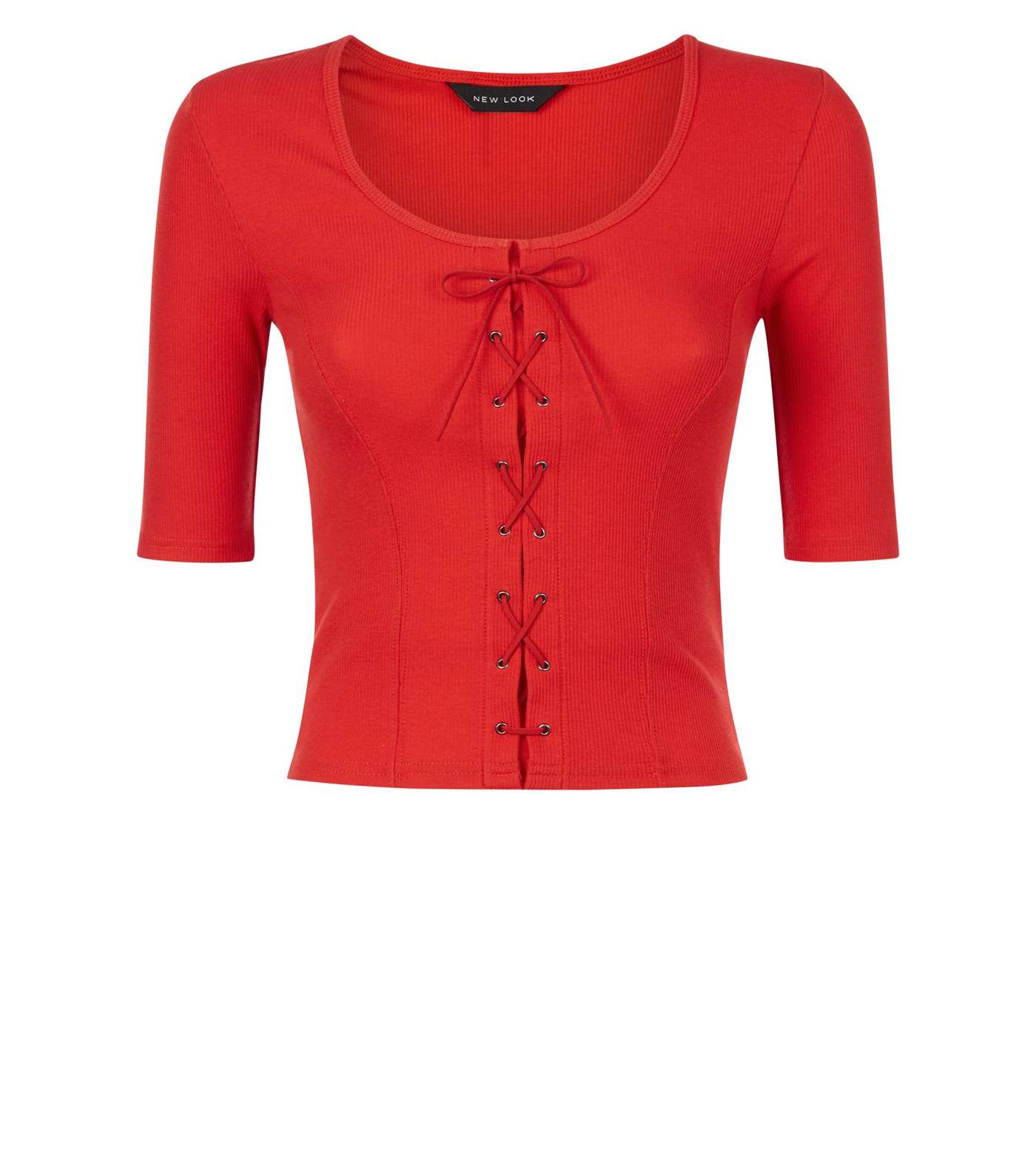 Red Ribbed Lace-Up 1/2 Sleeve T-Shirt Image 4
