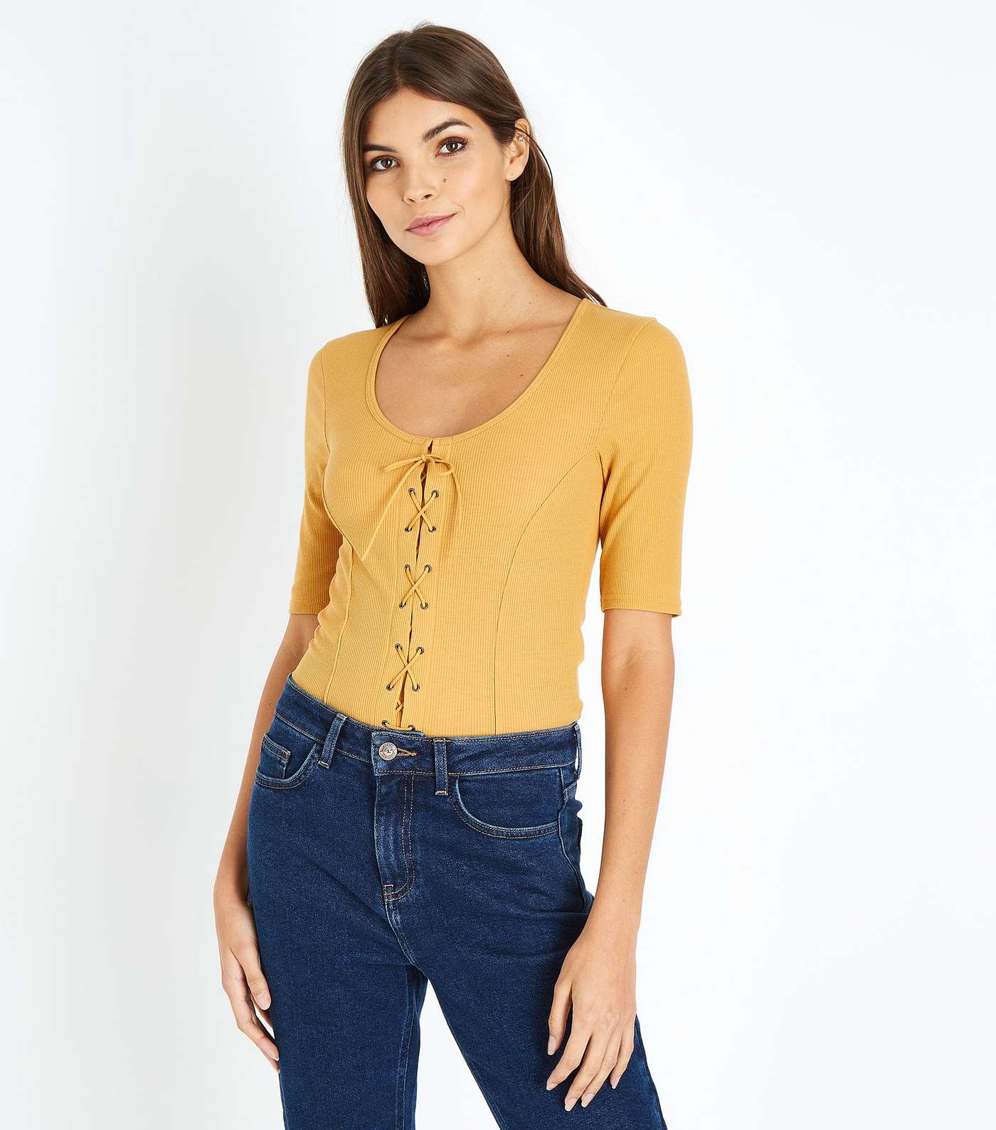 Mustard Ribbed Lace-Up 1/2 Sleeve Top