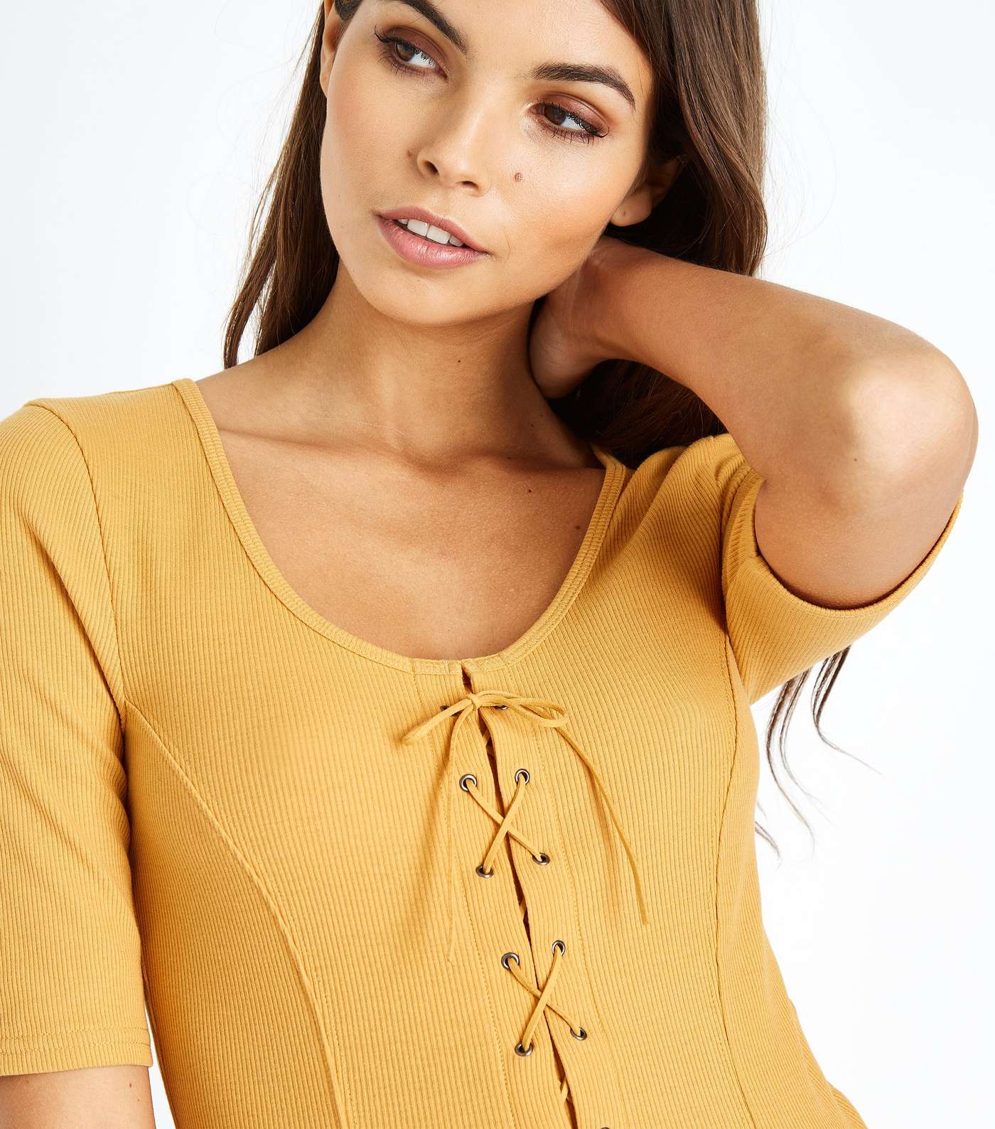 Mustard Ribbed Lace-Up 1/2 Sleeve Top Image 5