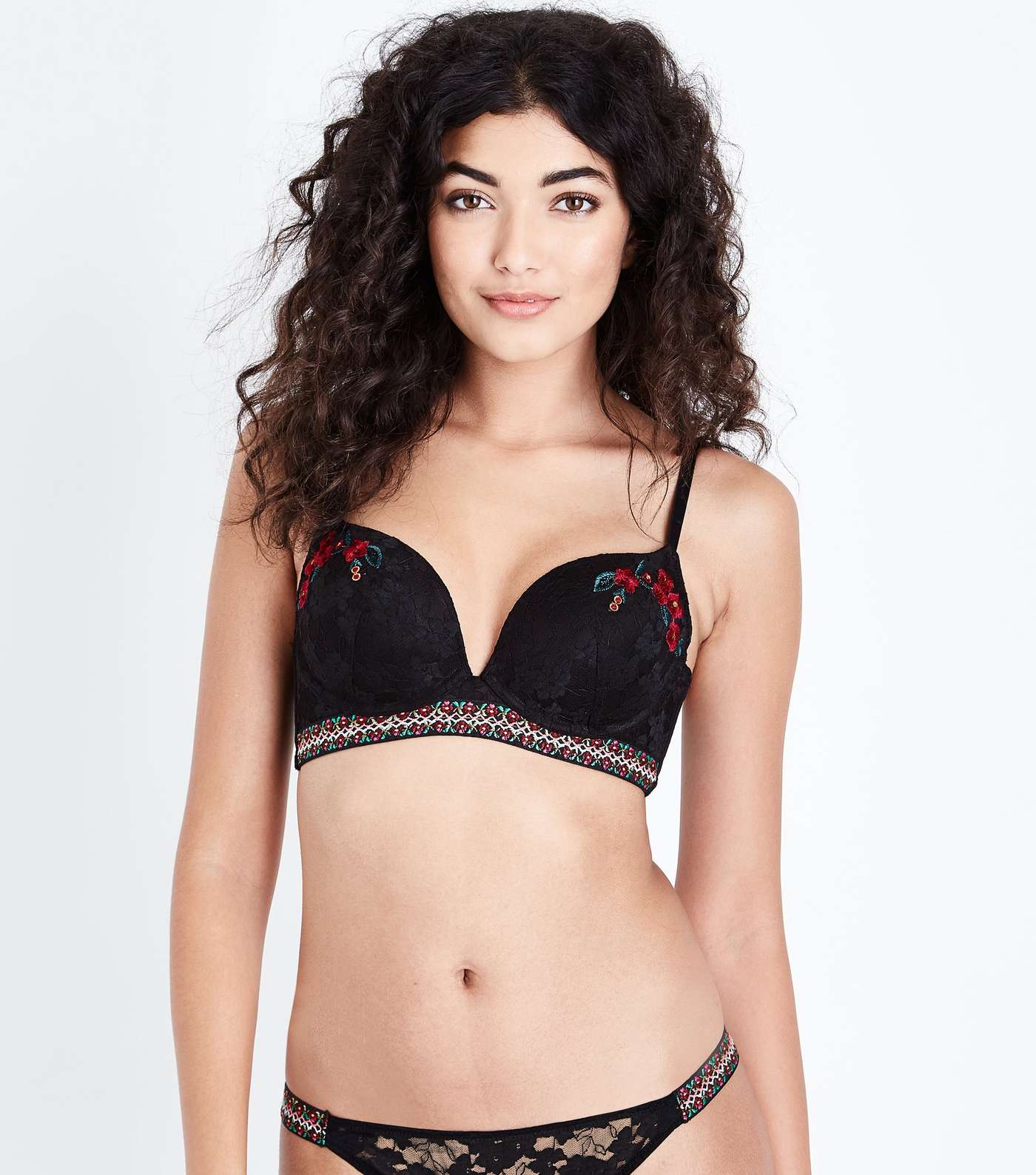 Black Lace Floral Embroidered Longline Bra 