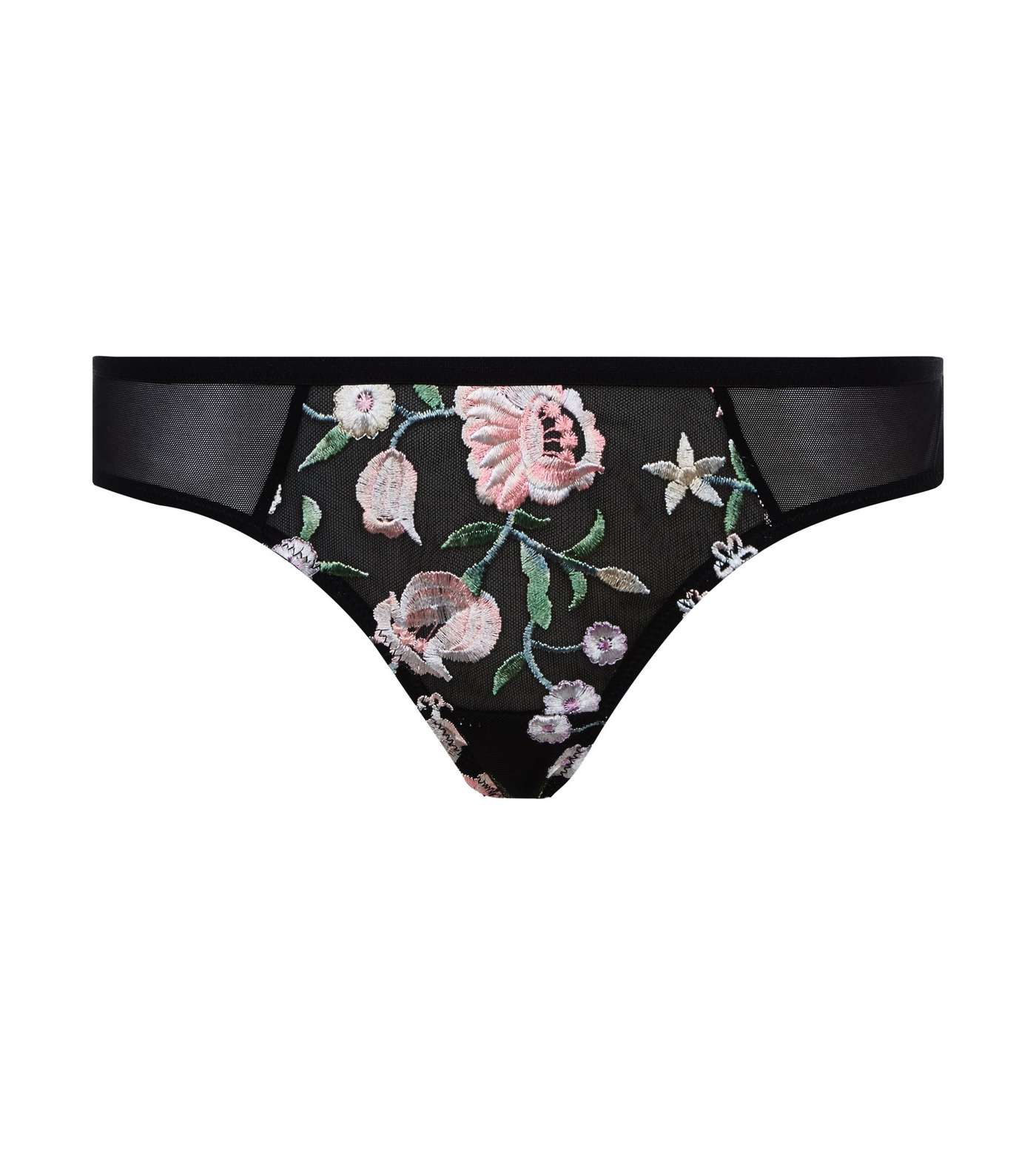 Black Floral Embroidered Thong Image 3