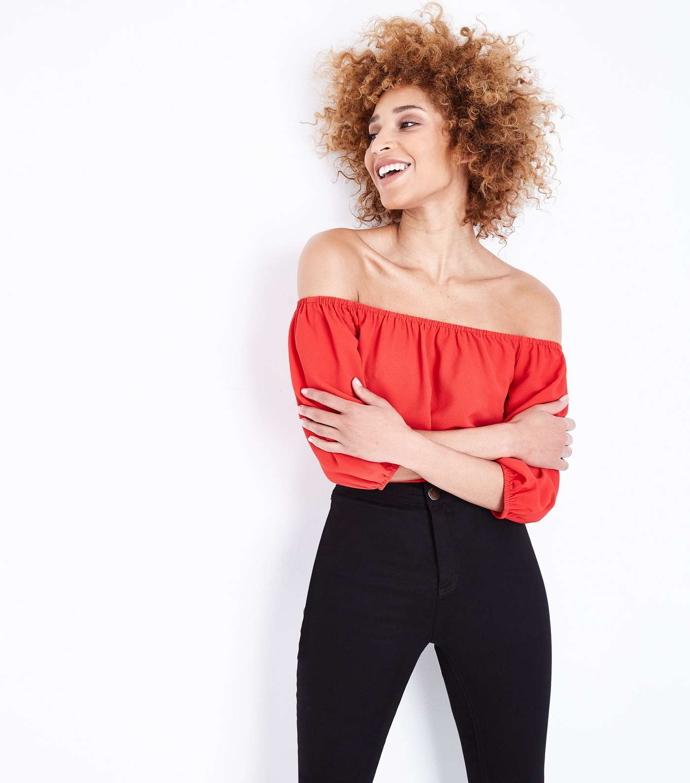 Cameo Rose Red Balloon Sleeve Crop Top