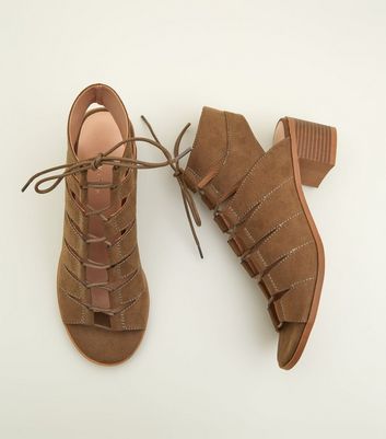 black suedette low block heel ghillie sandals