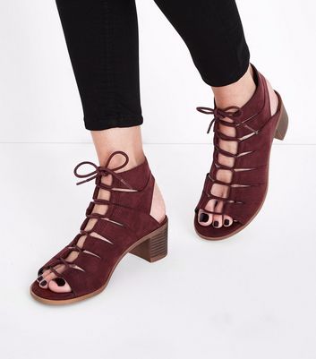 black suedette low block heel ghillie sandals