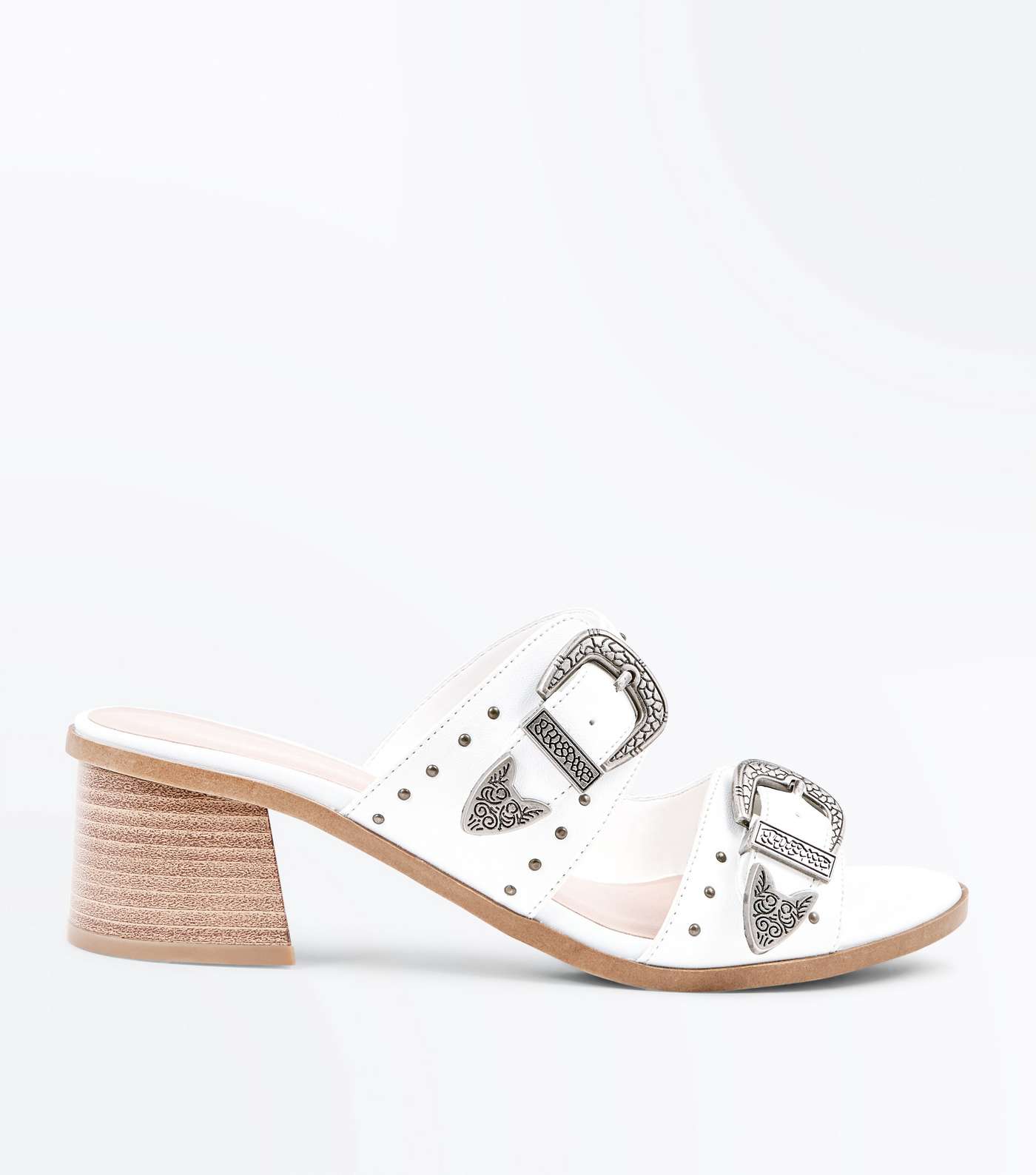 White Studded Western Buckle Mules