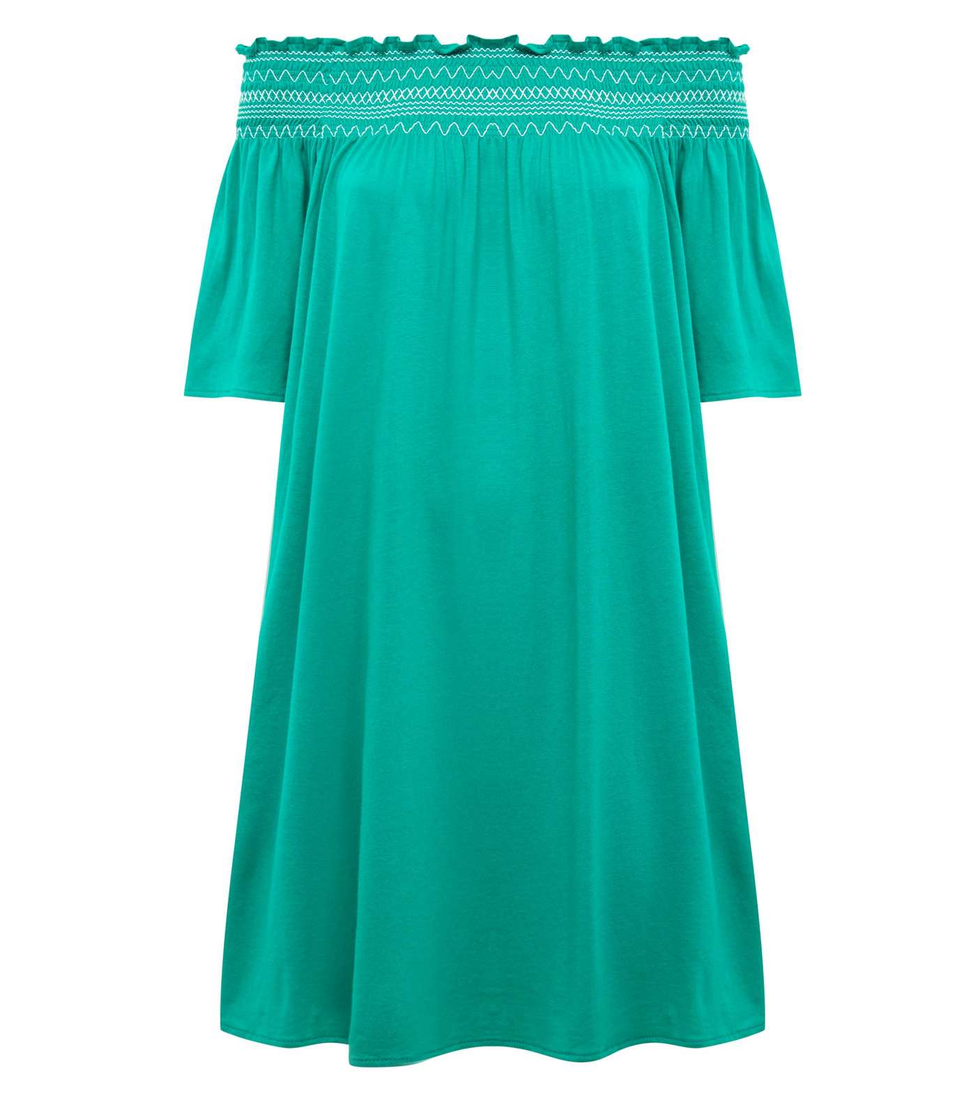 Green Shirred Bardot Neck Beach Dress Image 4