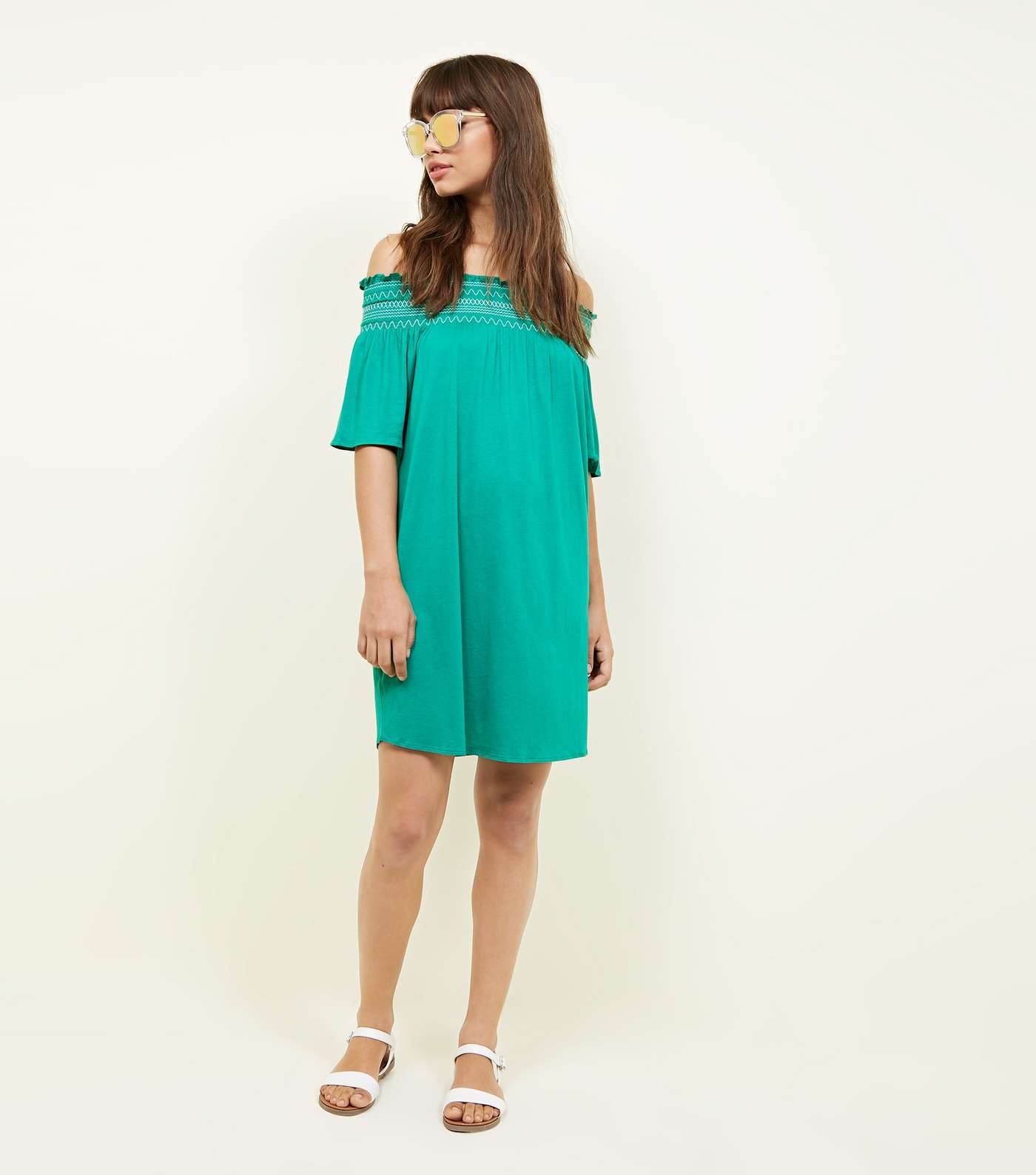 Green Shirred Bardot Neck Beach Dress Image 2
