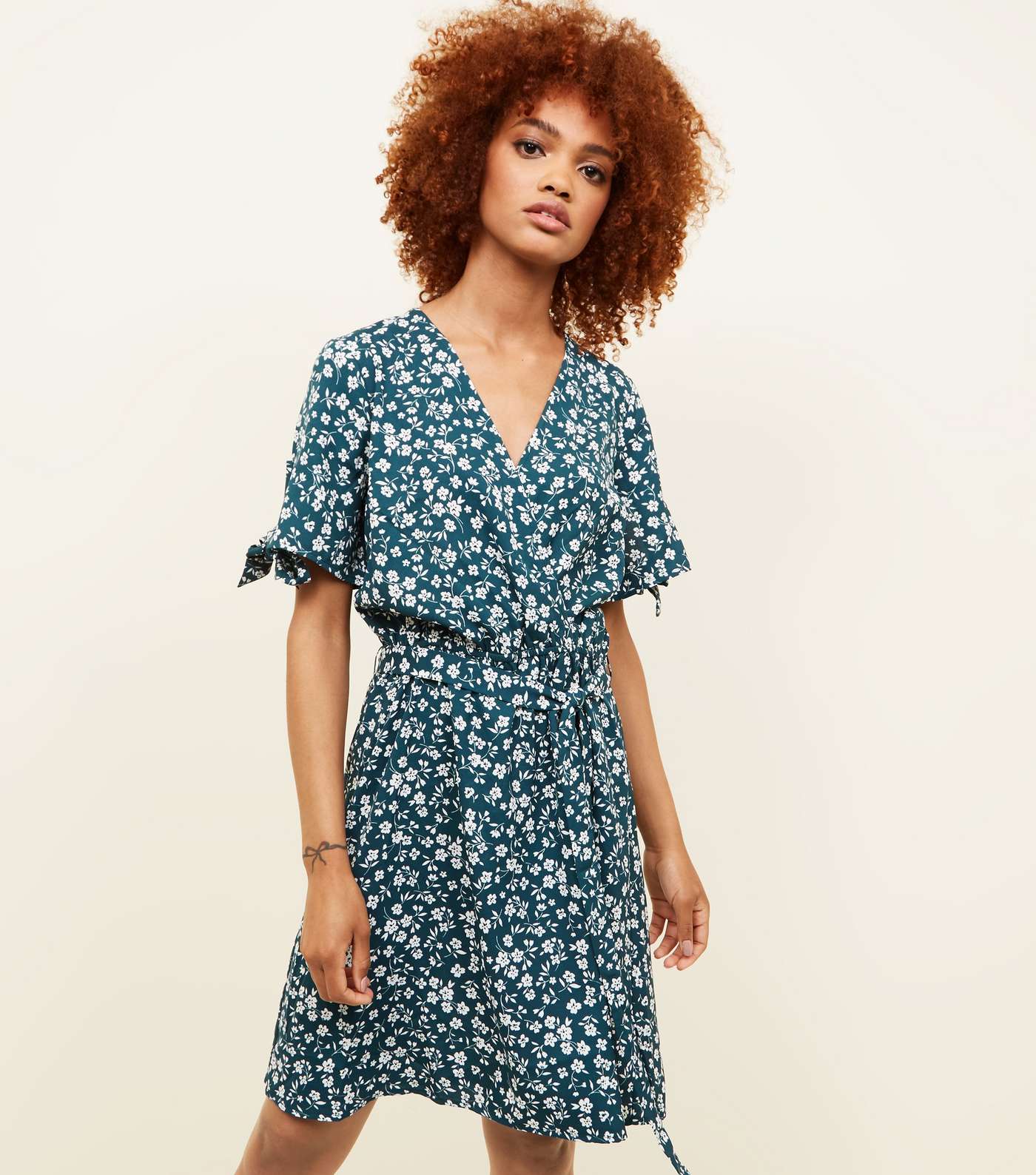 Green Floral Tie Sleeve Wrap Front Dress