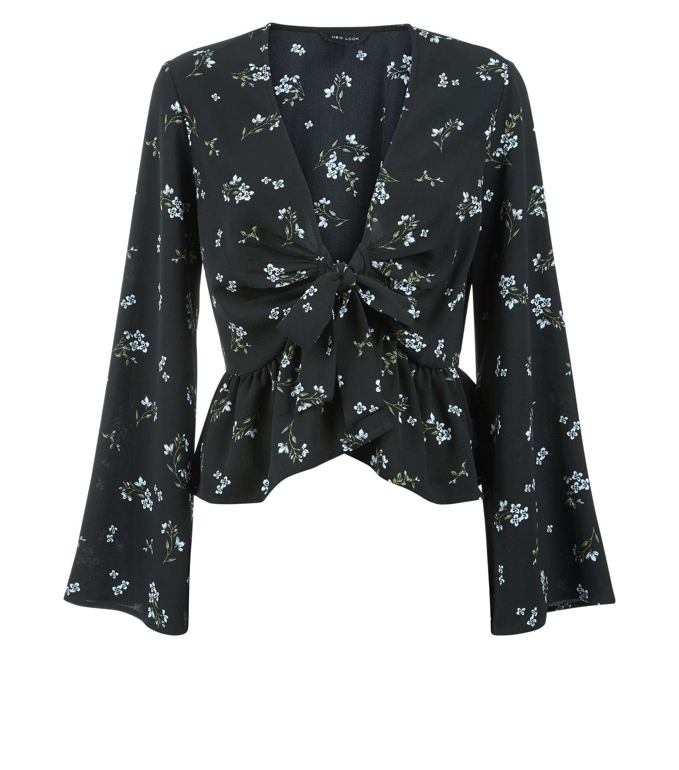 Black Floral Tie Front Flared Sleeve Top Image 4