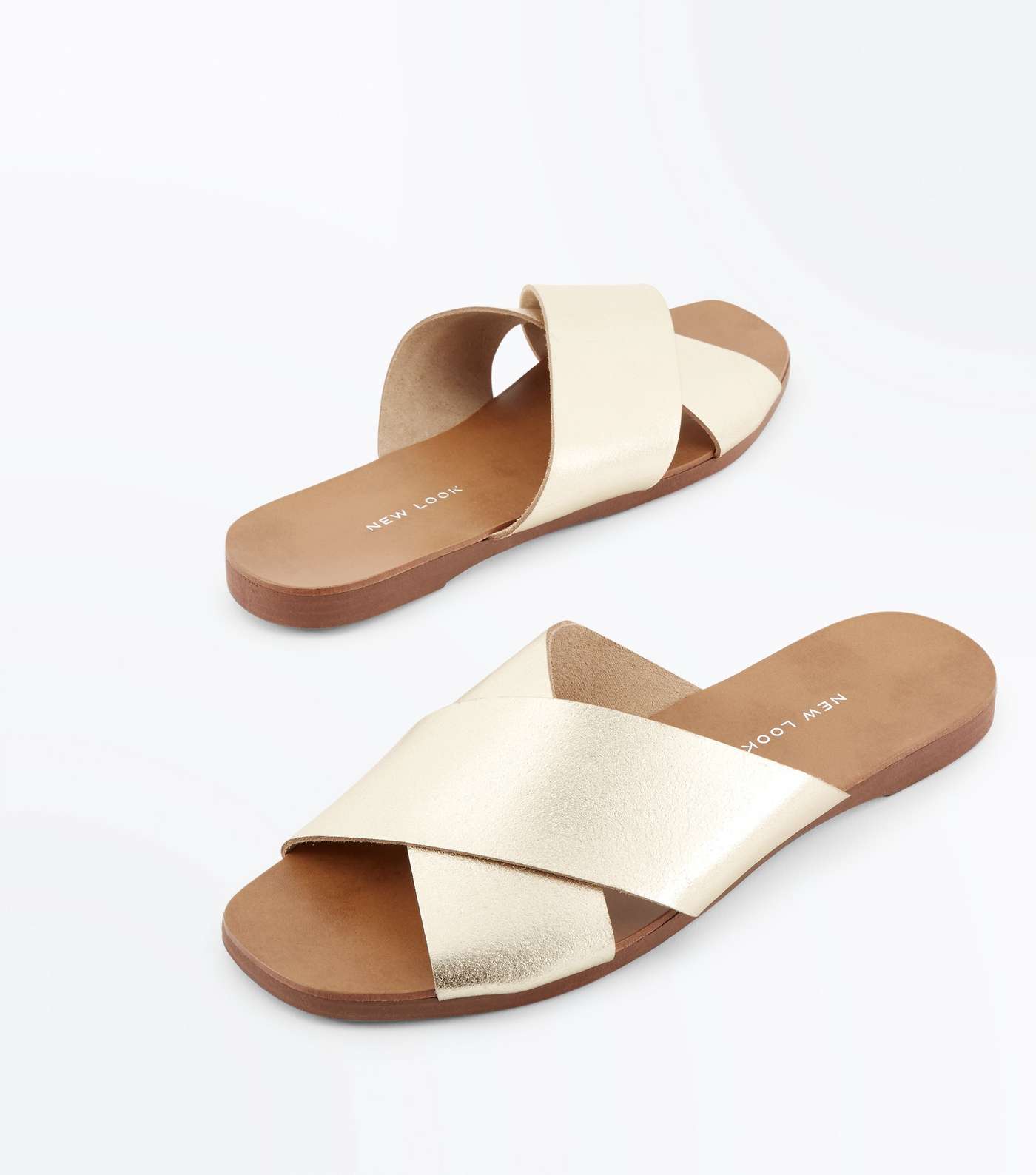 Wide Fit Gold Leather Cross Strap Sliders Image 4
