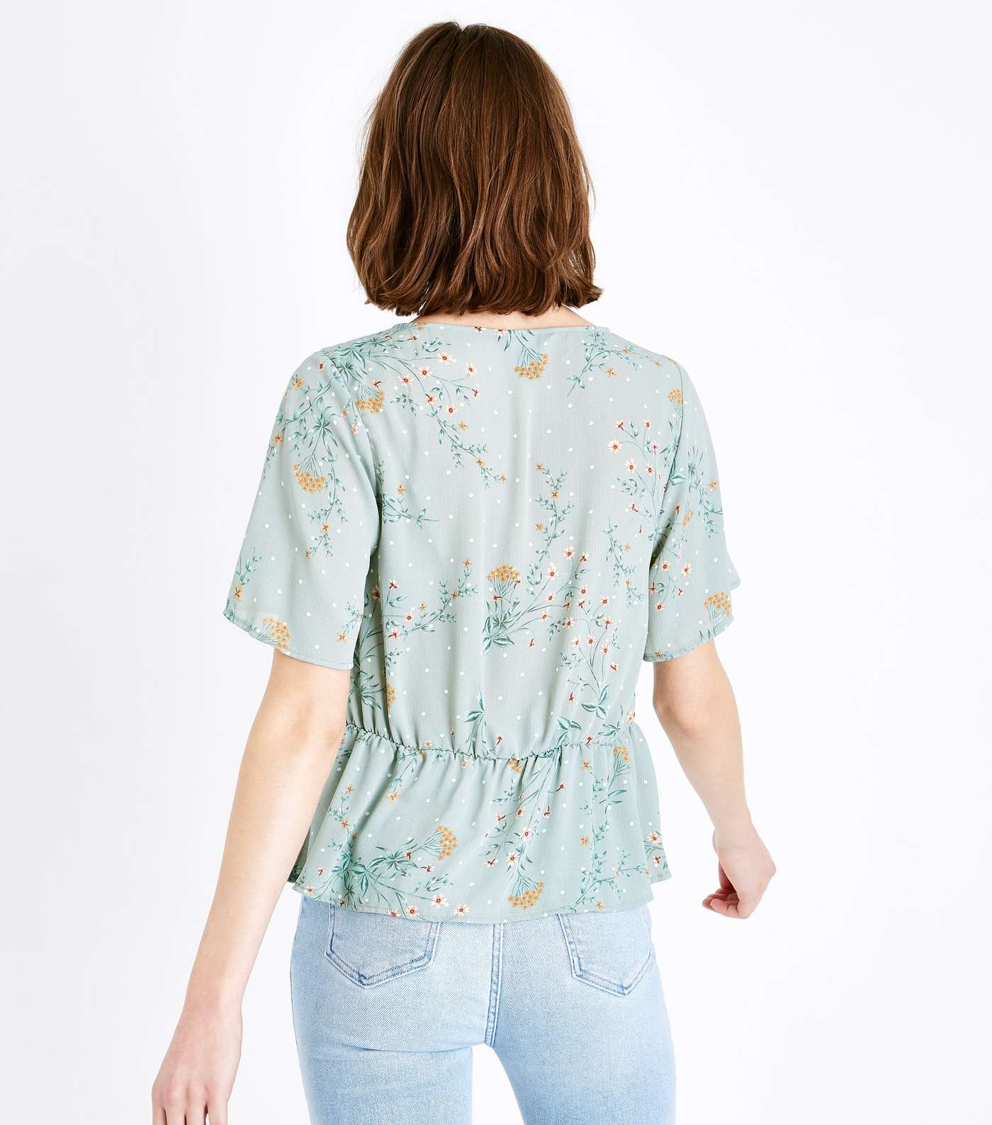 Green Floral Button Front Peplum Top Image 3
