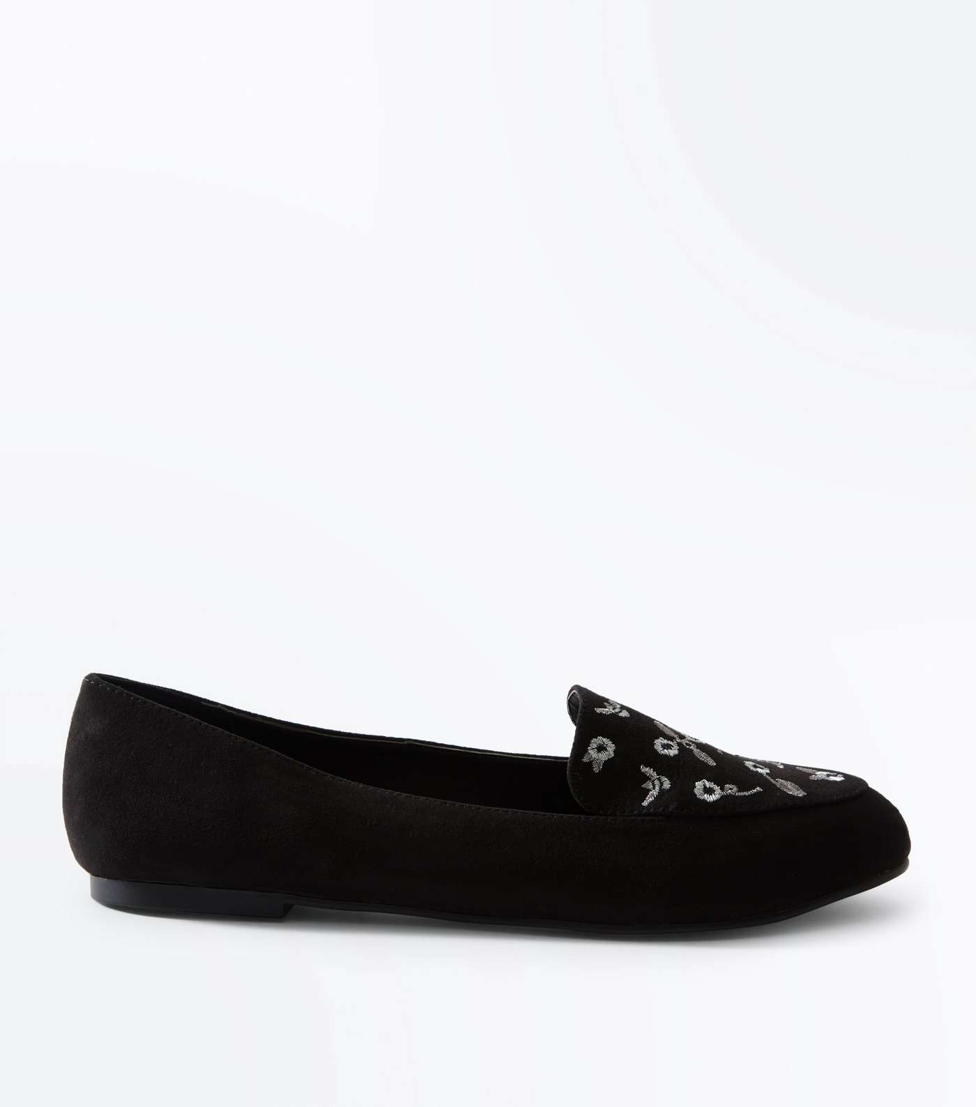 Black Suedette Floral Embroidered Loafers