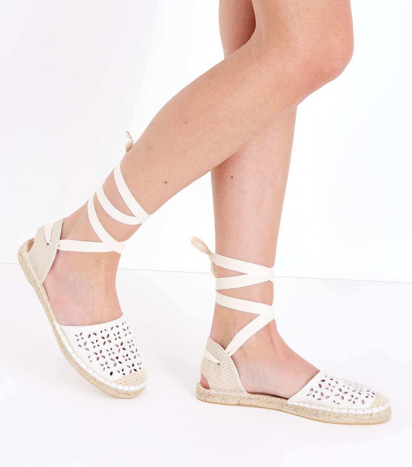 Off White Cut Out Ankle Tie Espadrilles Image 2