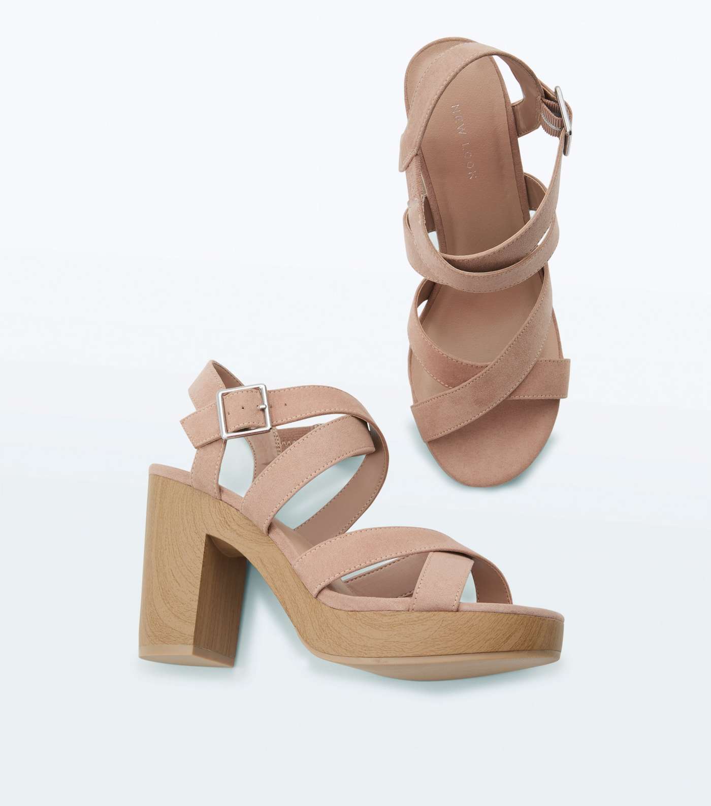 Nude Suedette Strappy Wooden Sole Sandals Image 4