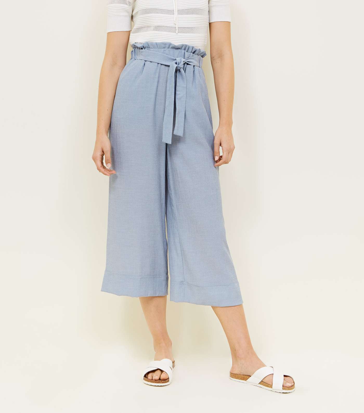 Pale Blue Crepe Tie Waist Cropped Trousers Image 2