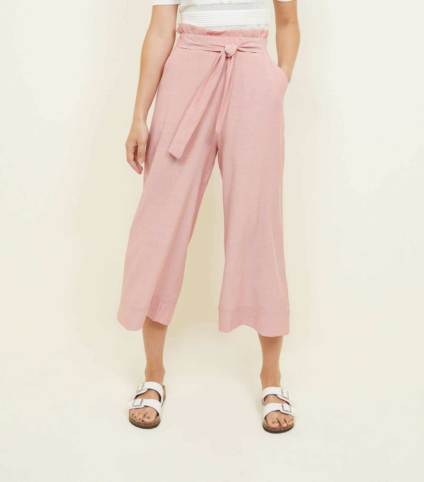 Coral Crepe Tie Waist Cropped Trousers Image 2