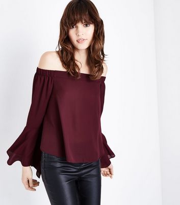 New Look Burgundy Hanky Sleeve Bardot Neck Top at £14.99 love the brands