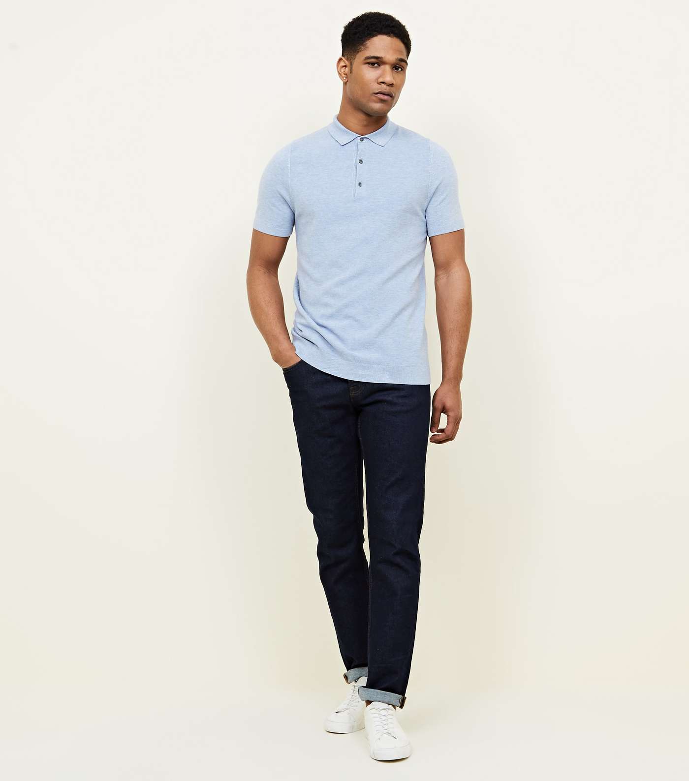 Pale Blue Knitted Slim Fit Polo Shirt Image 2