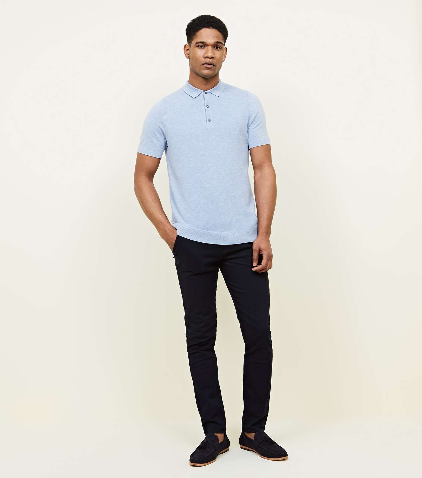 Pale Blue Knitted Slim Fit Polo Shirt Image 6