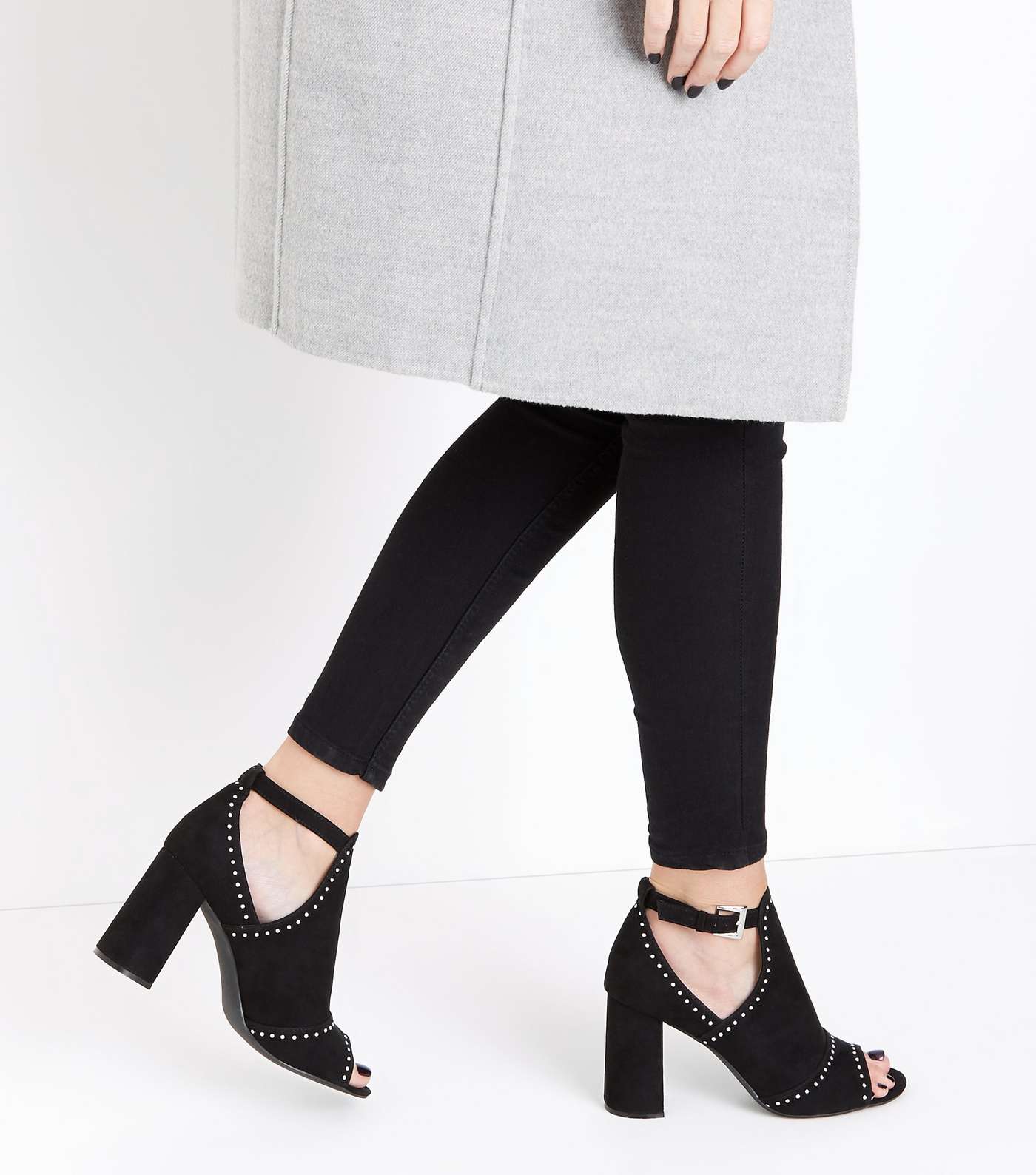 Black Suedette Studded Peep Toe Block Heels Image 2