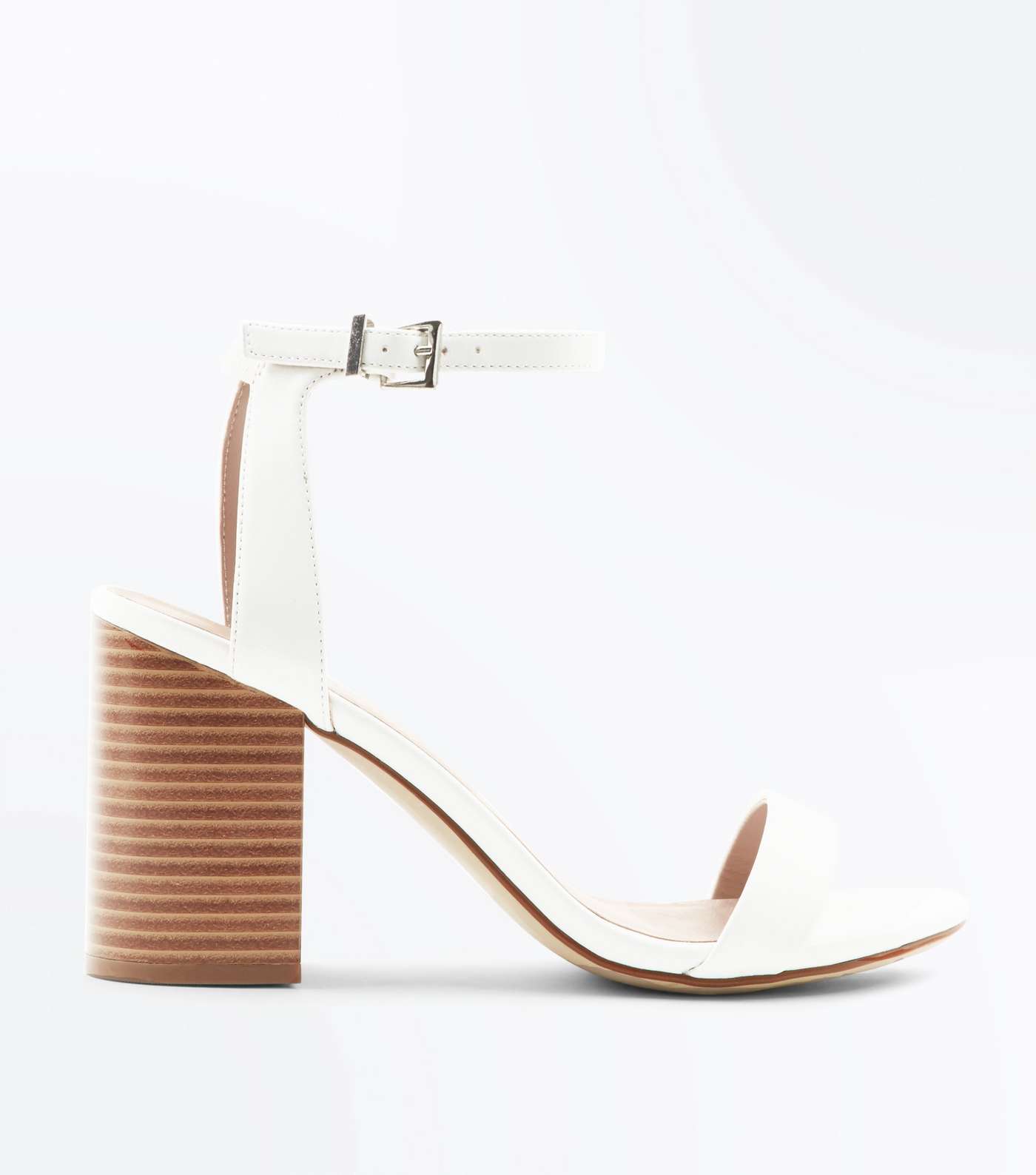 White Leather-Look Wooden Block Heel Sandals