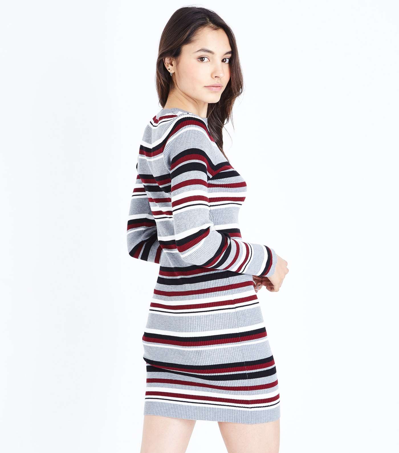 Grey Multi Stripe Ribbed Jumper Dress Image 3