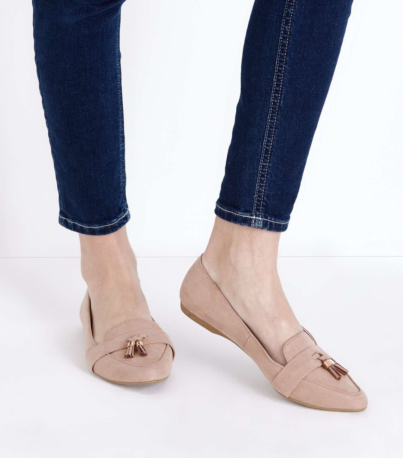 Wide Fit Nude Suedette Tassel Pointed Loafers Image 2