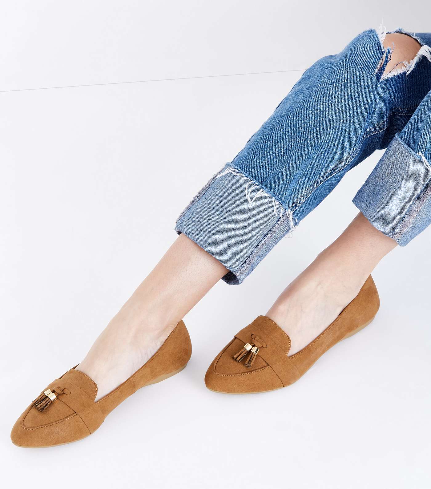 Wide Fit Tan Suedette Tassel Pointed Loafers Image 2