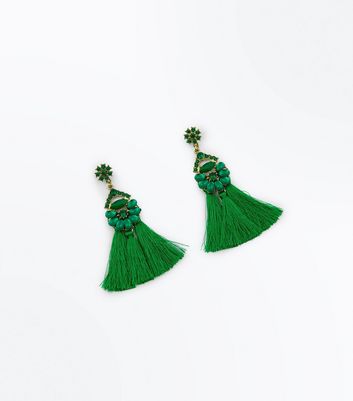 Green Gem Embellished Tel Earrings New Look