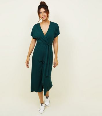 ribbed wrap front culotte jumpsuit