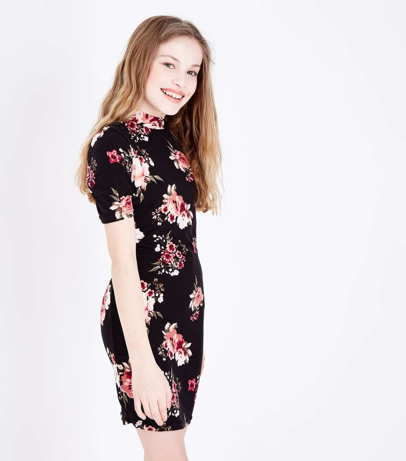 Teens Black Floral Print Bodycon Dress 