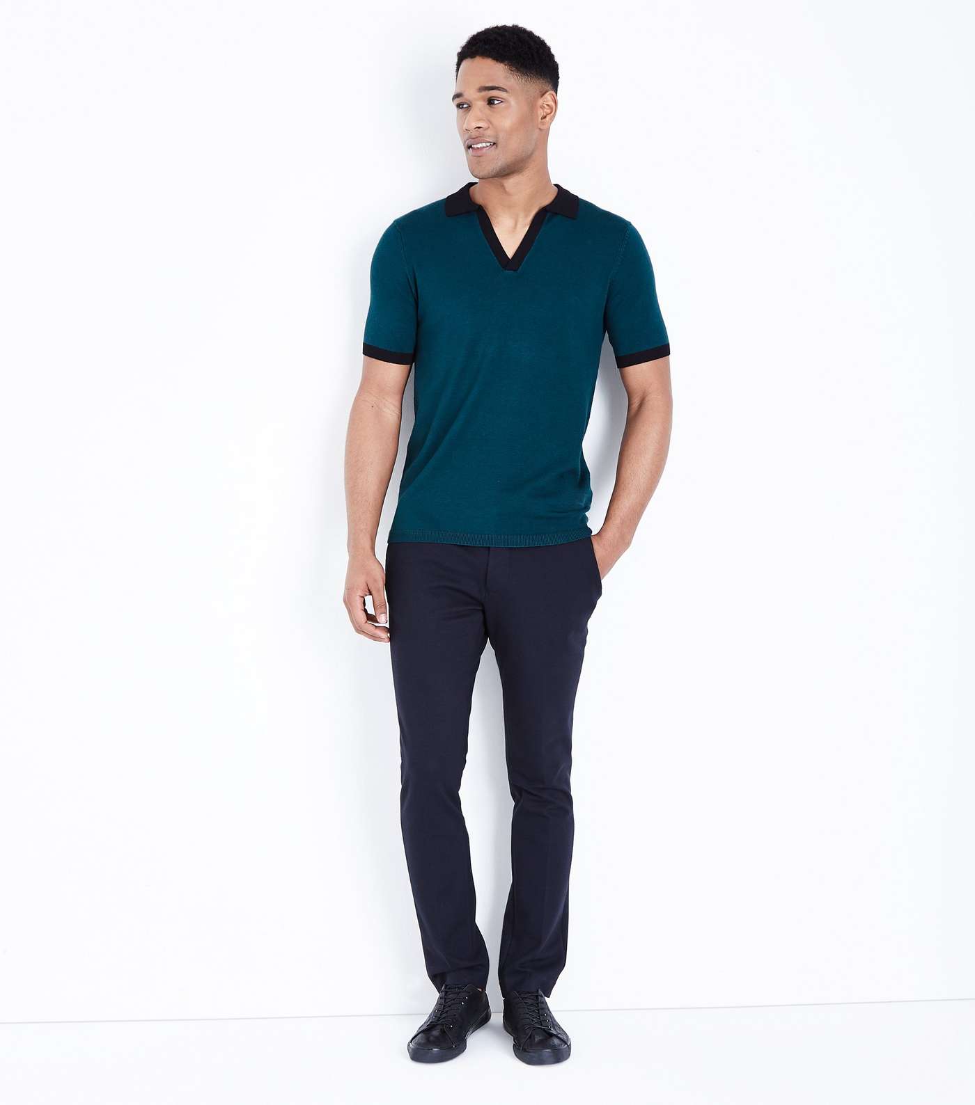 Teal White Revere Collar Knit Polo Shirt Image 2