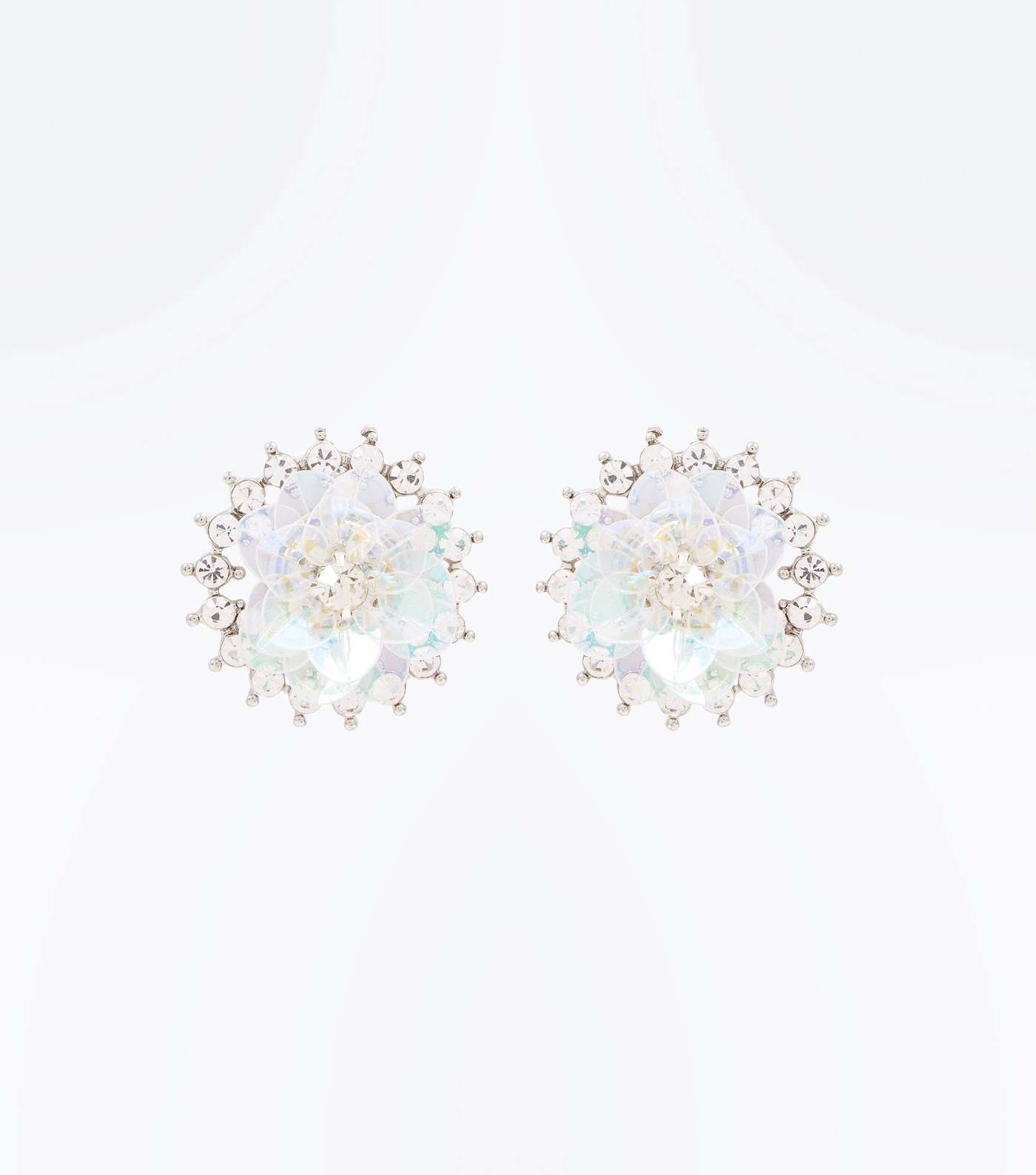 Silver Crystal Floral Sequin Embellished Stud Earrings 
