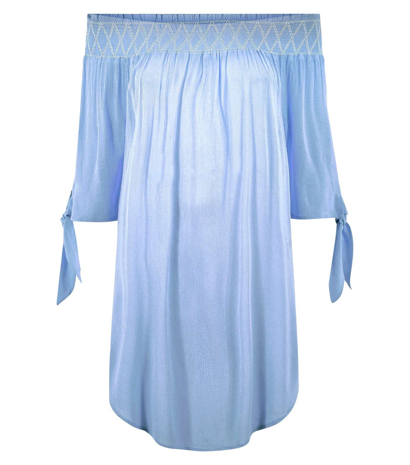 Pale Blue Shirred Bardot Neck Beach Dress  Image 4