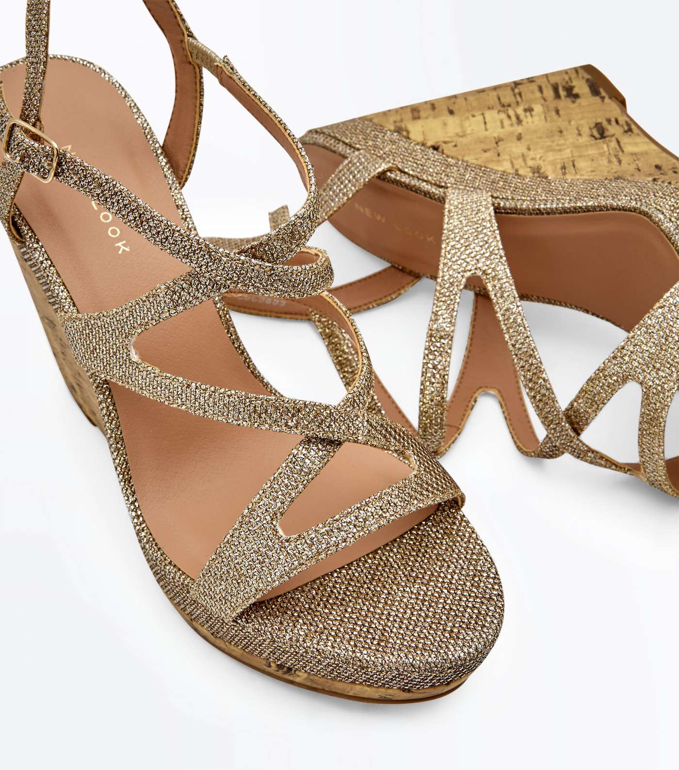 Gold Glitter Strappy Cork Wedges Image 3