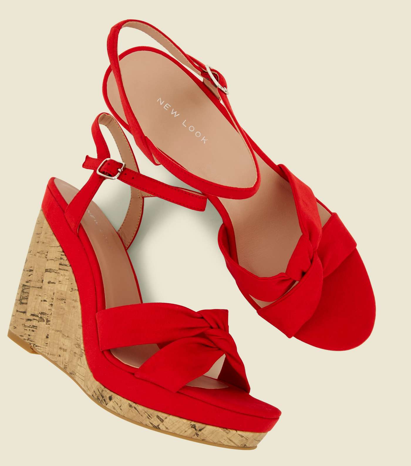 Red Suedette Knot Strap Cork Wedges Image 4