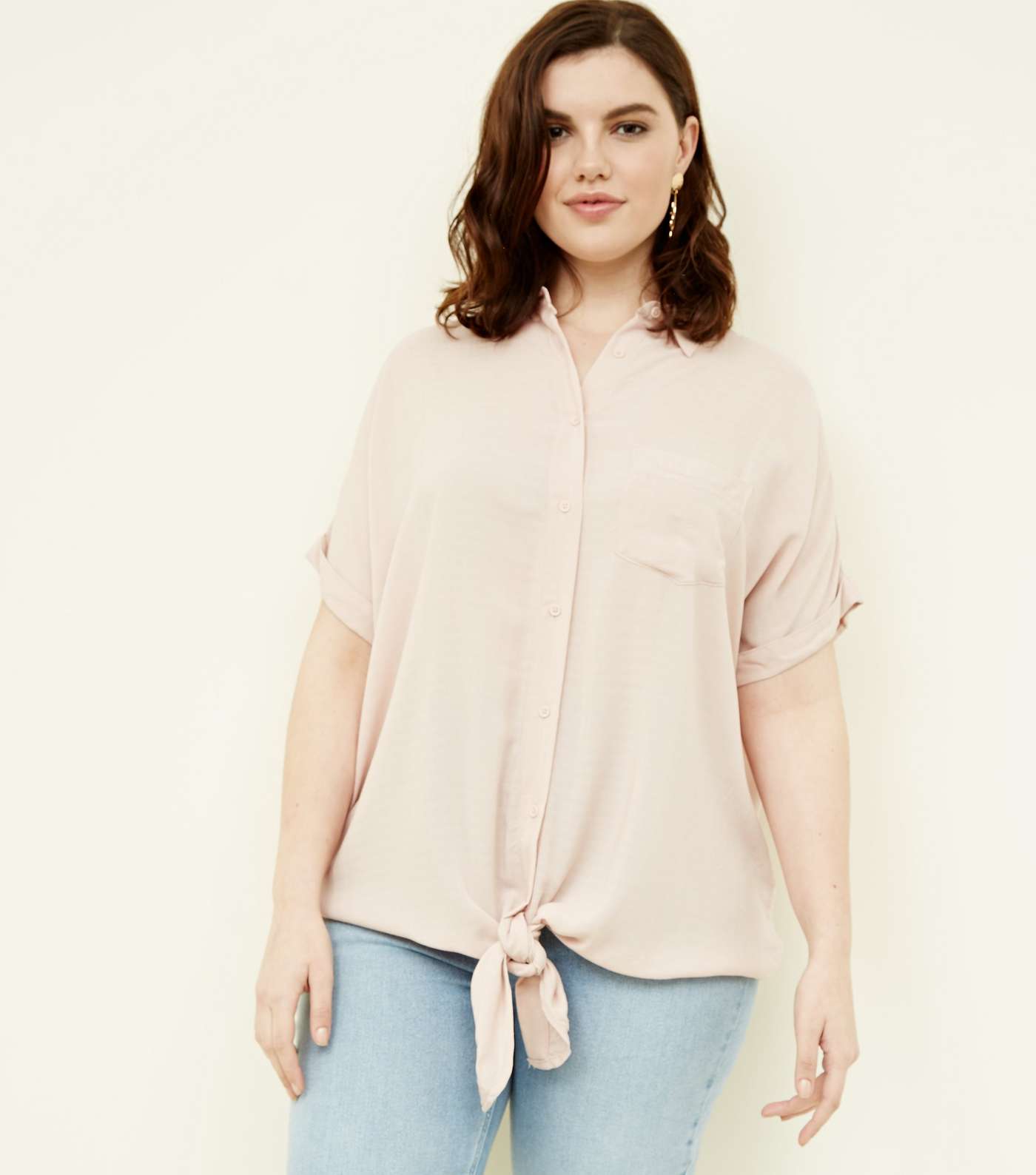 Curves Pale Pink Woven Tie Front Shirt