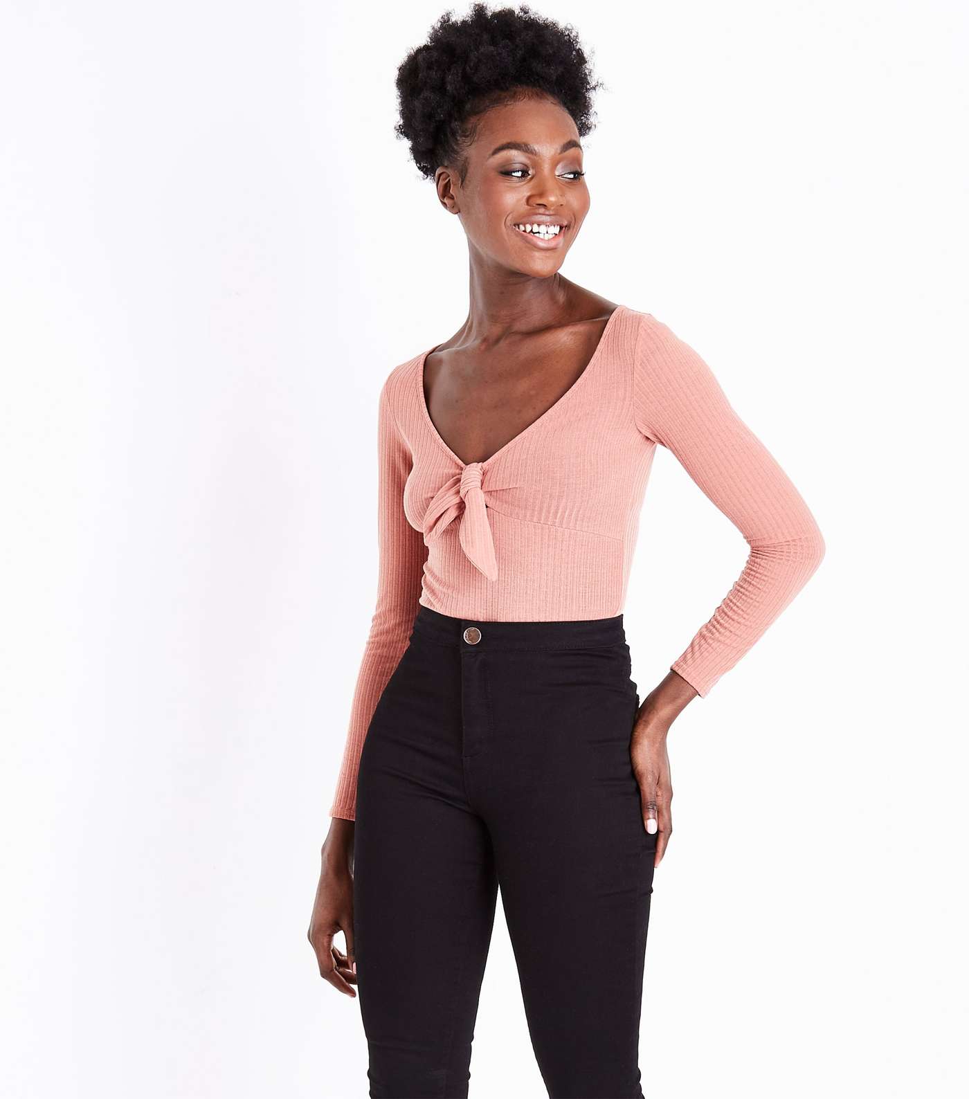 Pink Ribbed Tie Front Bodysuit