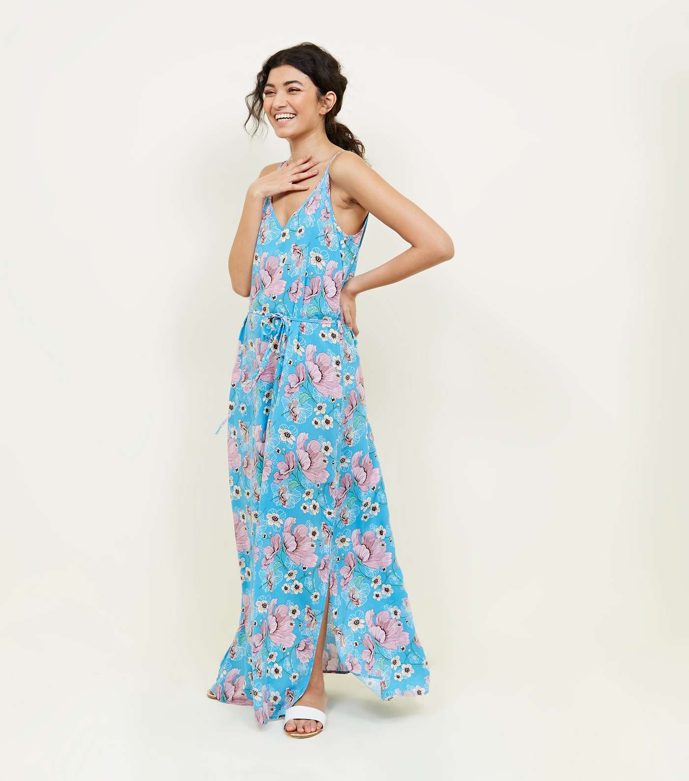JDY Blue Floral Split Side Maxi Dress  Image 3