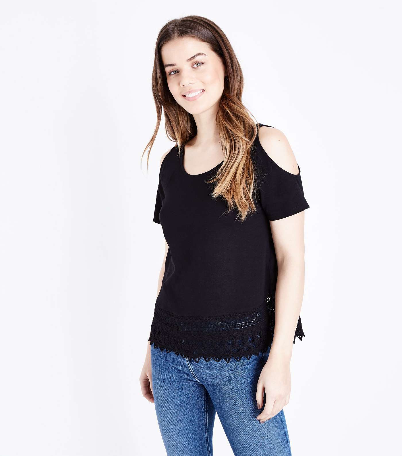 Black Crochet Hem Cold Shoulder T-Shirt