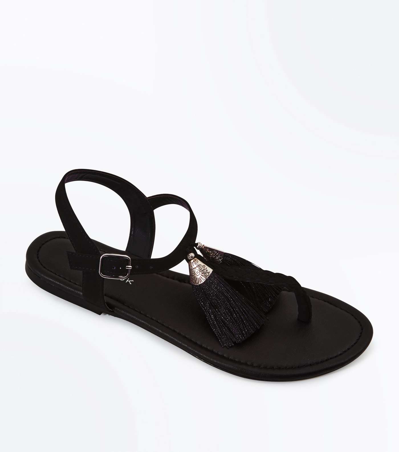 Black Suedette Tassel Trim Flat Sandals
