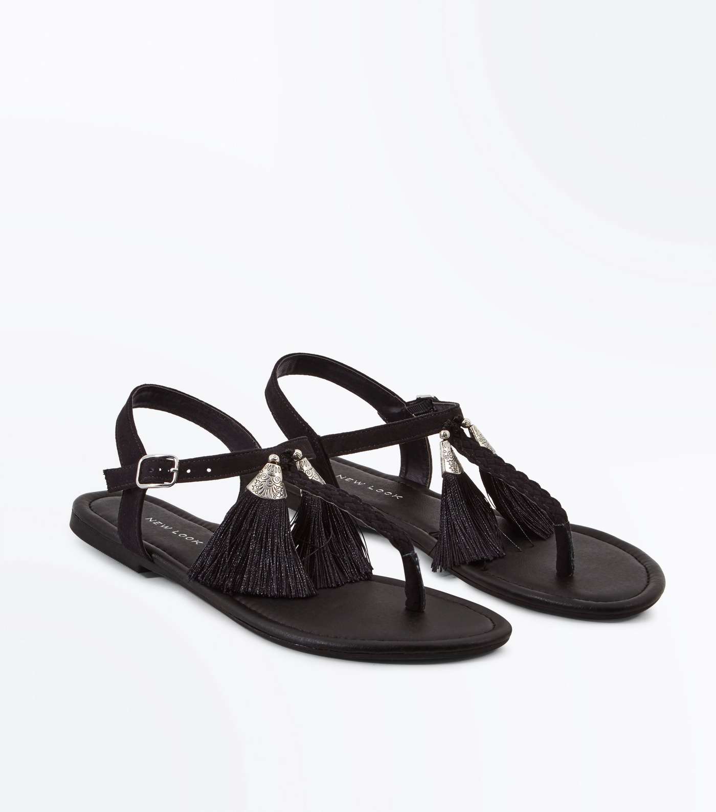 Black Suedette Tassel Trim Flat Sandals Image 3